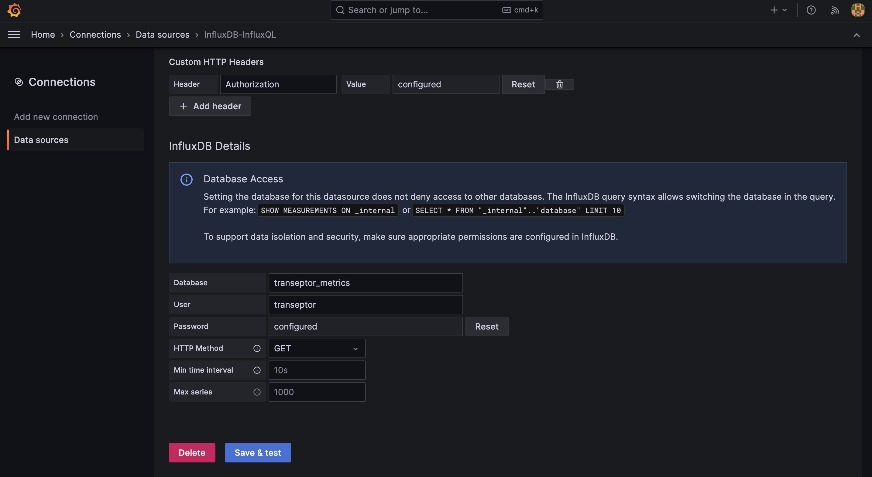 influxql data source config two